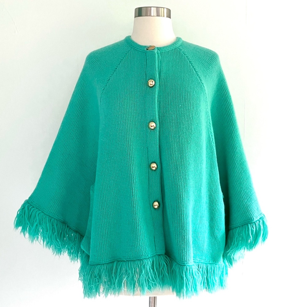 Vintage 60’s aqua teal minty green fringe poncho sweater